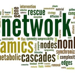 Word cloud graphic. The biggest word in the center is "network." Other words in view include: rescue, cascades, nodes, complexity, edges, metabolic, and more.